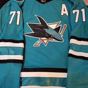 San Jose Sharks Teal Hockey Jersey #71 with Alternate 'A' Celebrini